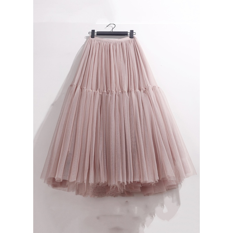 Pink Pleated Waist Loose Patchwork Summer Skirt High Tulle