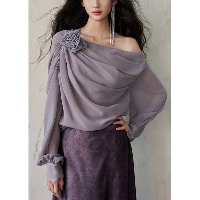 Solid Sleeve Chiffon Long Asymmetrical Fashion Shirt Grey