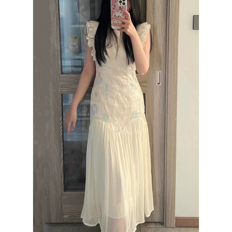 Summer Wrinkled Dress Elegant Apricot Patchwork Embroidered Long