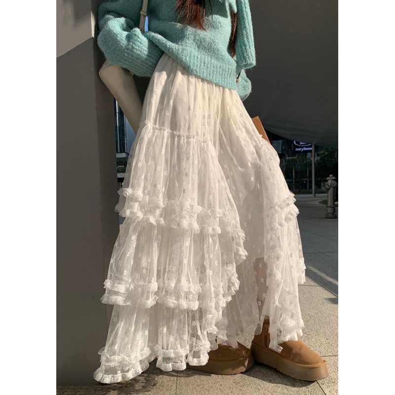 White Skirts Waist Spring Ruffled French High Lace