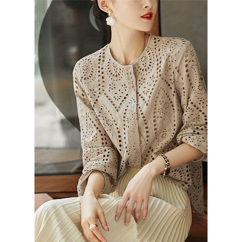 Women Neck Sleeve Hollow Out Light Long Blouses Khaki O Cotton