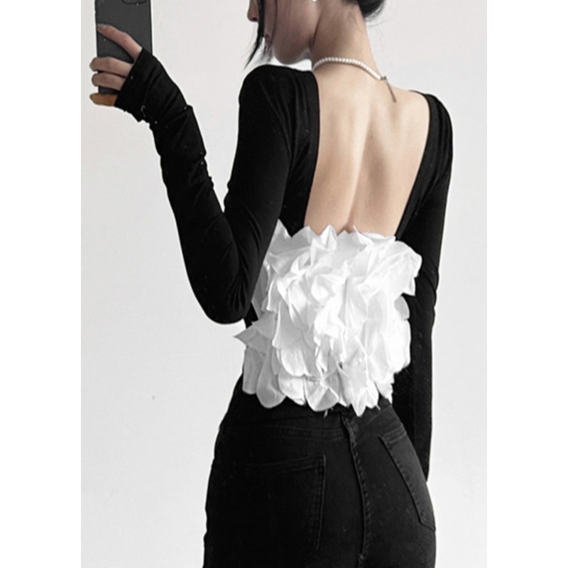Backless Out Sexy Top Fall Black Hollow Patchwork