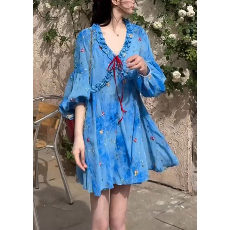 Blue Dresses Sleeve Puff Ruffled French Print Chiffon