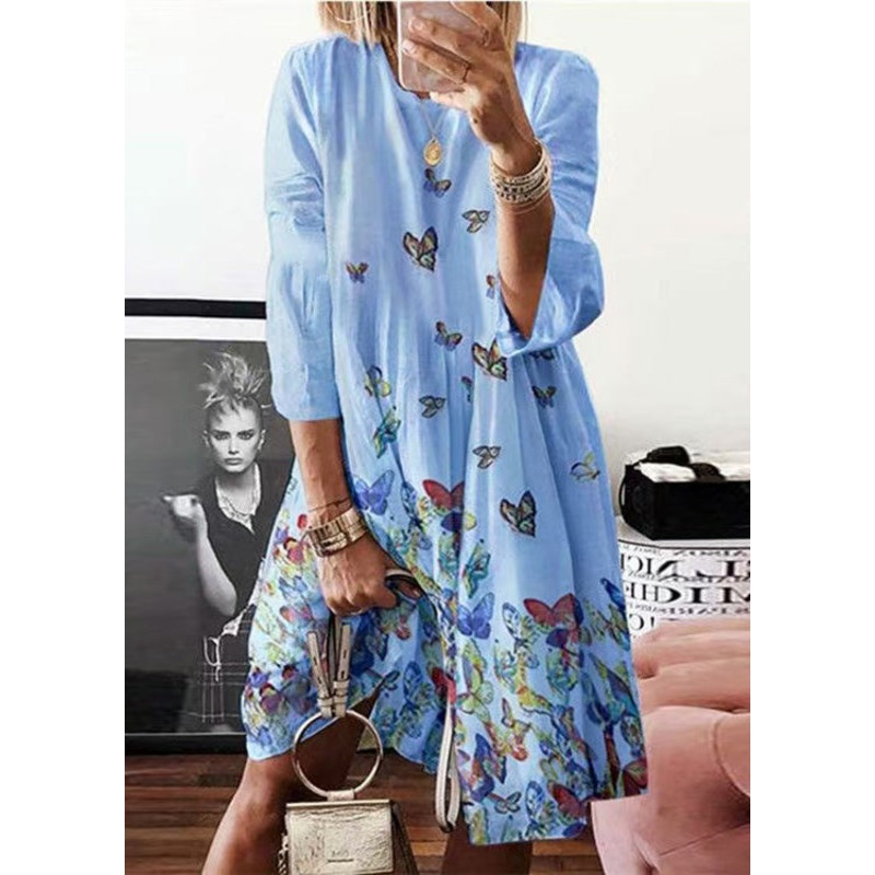 Blue Summer Bohemian Dress O Mid Print Neck Butterfly Cotton