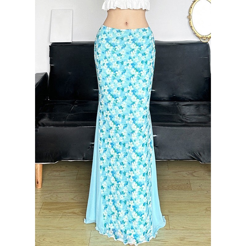 Blue Tulle Summer Waist High Patchwork Fine Skirt Maxi