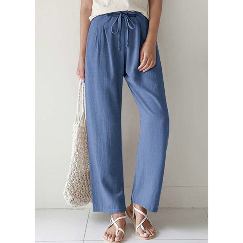 Cotton Blue Summer Casual Pockets Lace Up Pants