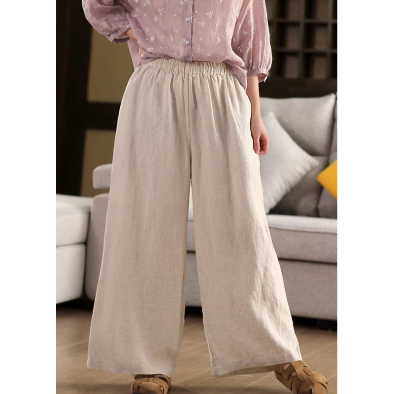 Elastic Pants Pockets Wide Summer Beige Waist Linen Loose Leg