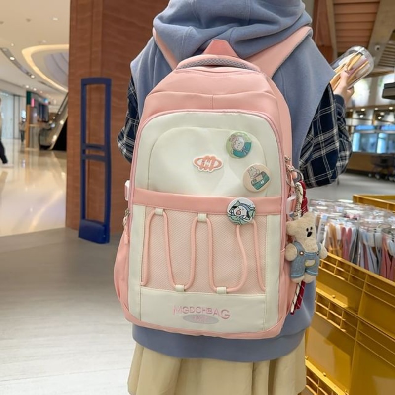 Embroidered Nylon Set Lettering Panel Brooch Backpack / Drawstring Mesh
