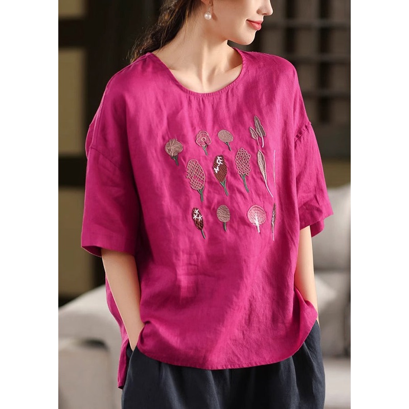 French Sleeve T Half Shirt Rose Embroidered Cotton Open Side