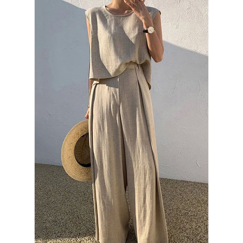 Khaki And Shirt O-Neck Boutique Set Wide Pants Leg T Pieces Two