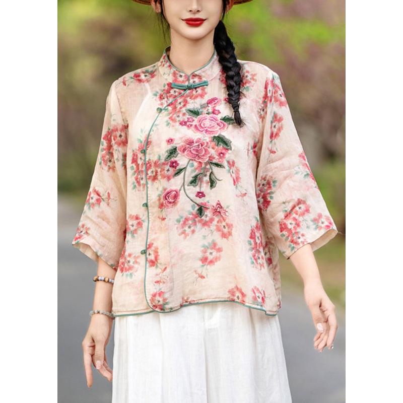 Linen Red Bracelet Chinese Print Sleeve Style Button Shirt