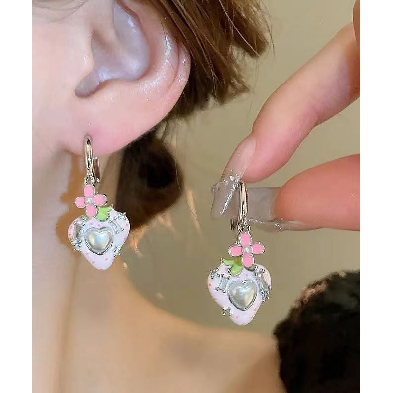 Love Zircon Stud Copper Pink Strawberry Earrings Pearl Cute