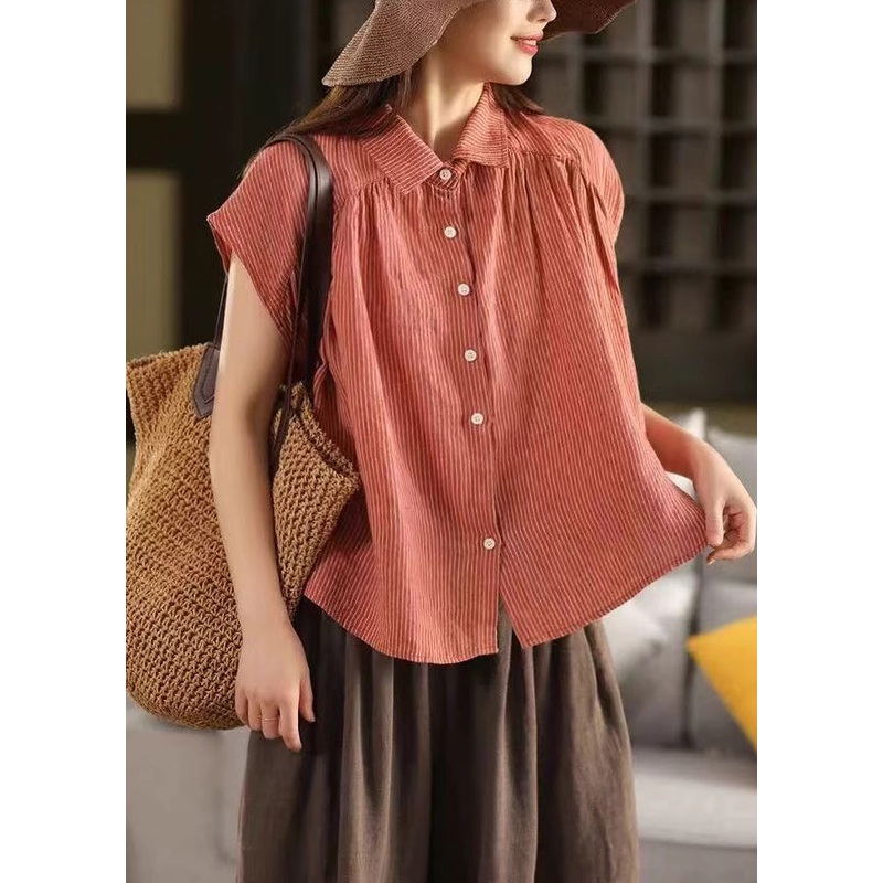 Pan Collar Peter Summer Button Orange Blouses Linen Striped