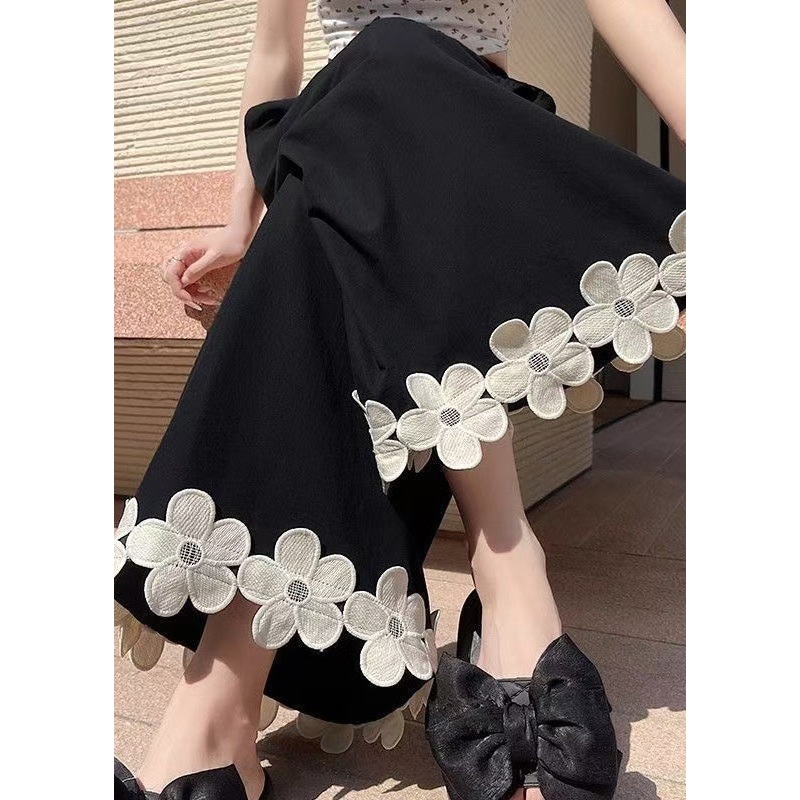 Pants Leg Black Cotton Floral Design Wide Patchwork Original
