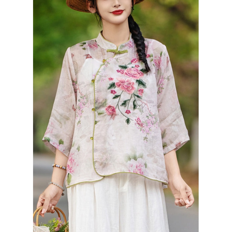 Purple Bracelet Button Print Stand Sleeve Blouses Collar Linen