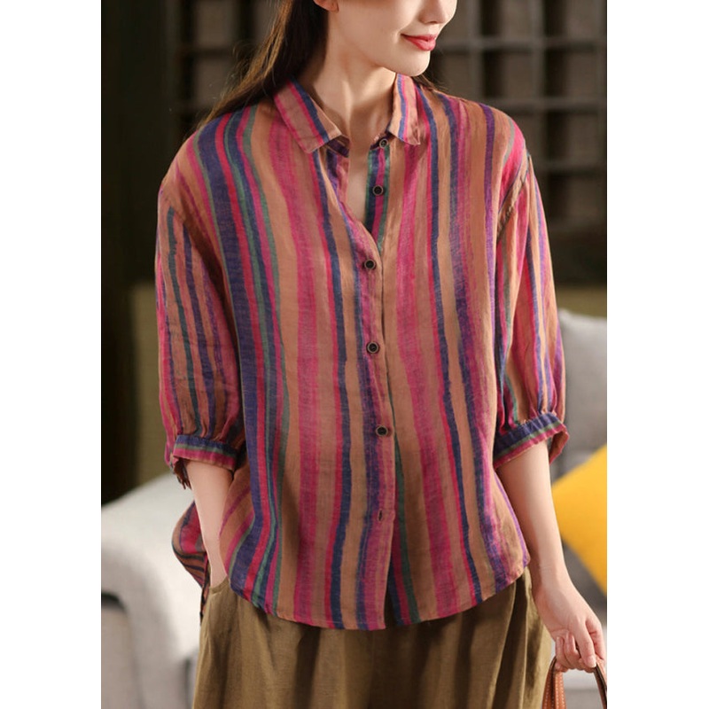 Rose Stylish Pan Striped Bracelet Linen Shirts Peter Collar