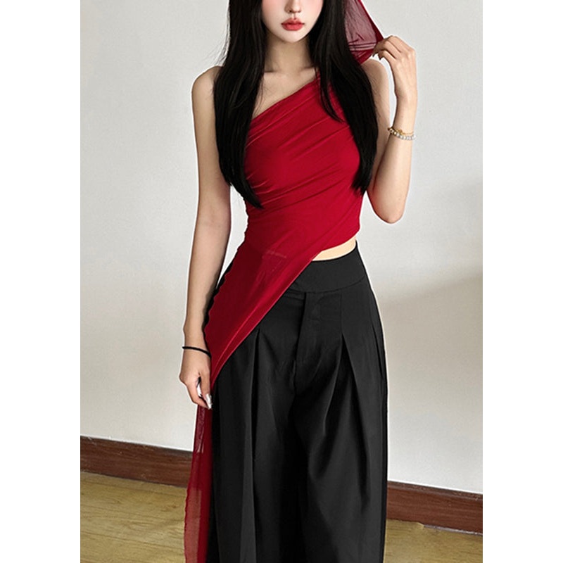 Shoulder Sleeveless Slim One Fit Tulle Asymmetrical Shirt Red