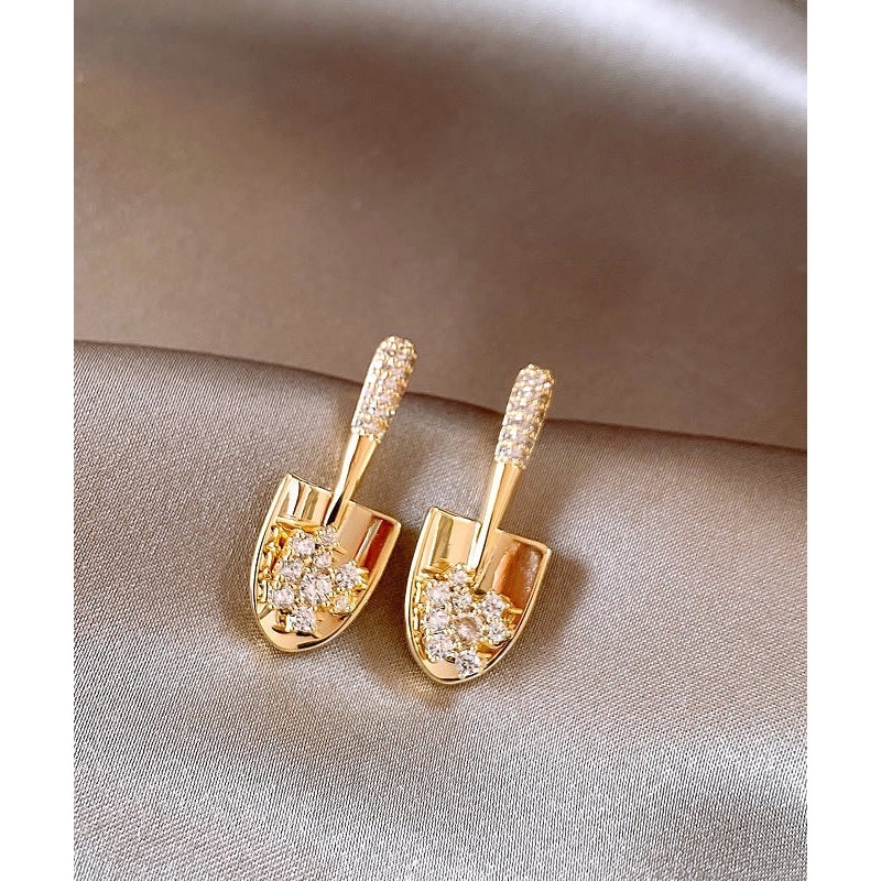 Shovel Gold Stud Overgild Stylish Copper Zircon Small Earrings