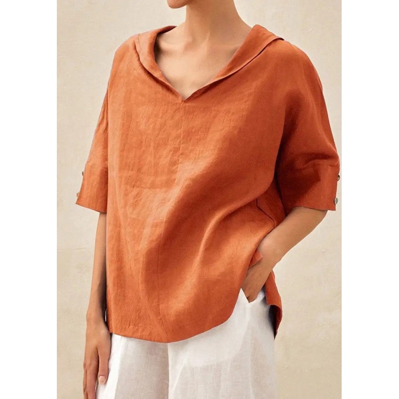 Sleeve Shirts Side Casual Open Orange Short O-Neck
