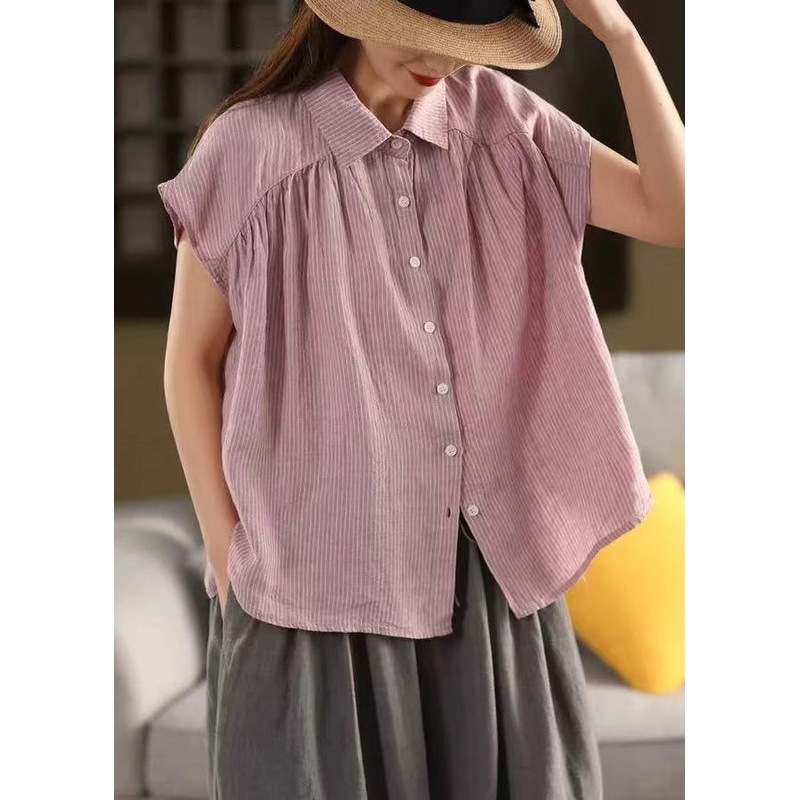 Striped Collar Linen Pan Peter Purple Blouses Summer French