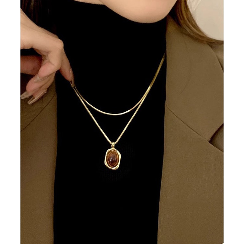 Style Pendant Piece Copper Overgild Set Amber Gold Two Necklace