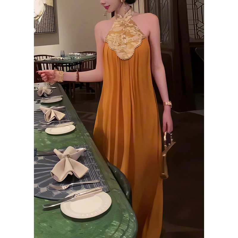 Summer Collar Long Dress Stand Yellow Patchwork Chinese Style