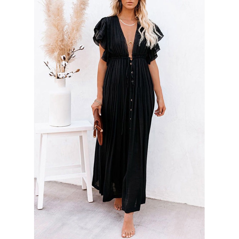 Summer Solid Long Dress Patchwork Ruffled Black