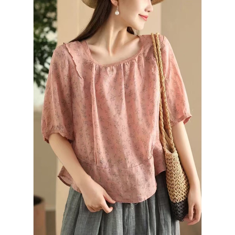 Wear Stylish Blouses Print Both Linen Collar Square On Sides Pink