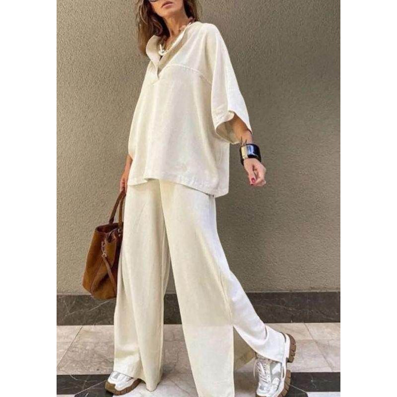 Wide O-Neck And White Set Top Pieces Patchwork Art Leg Two Pants
