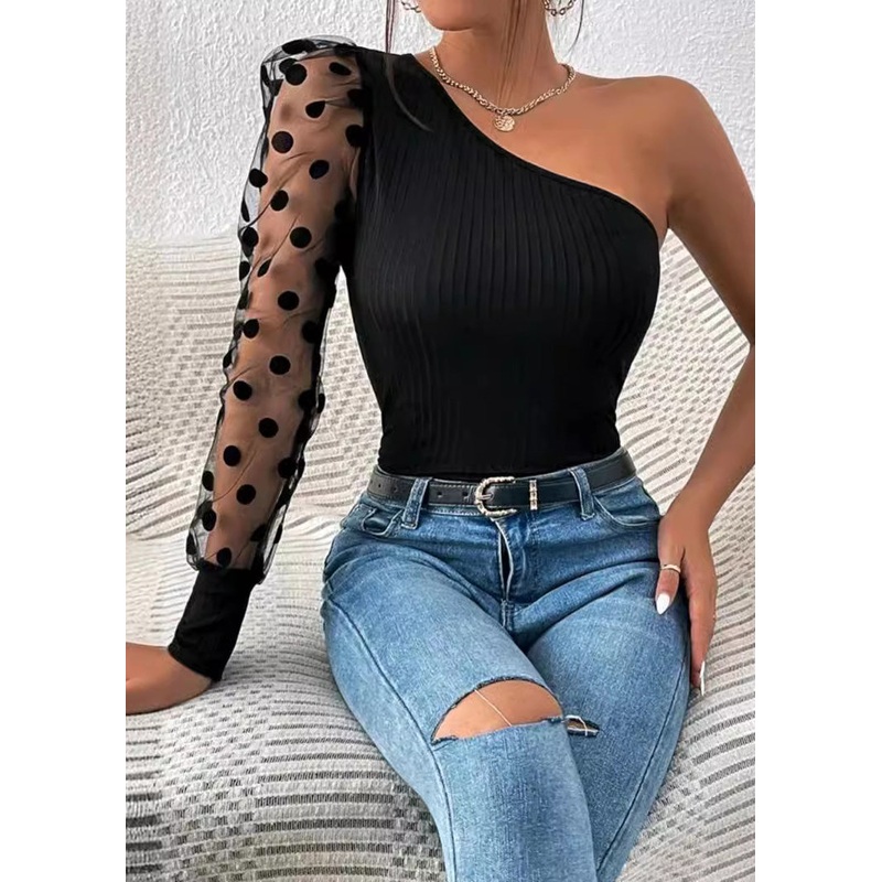 2025 Black Sleeved Top Women Patchwork Shoulder Single