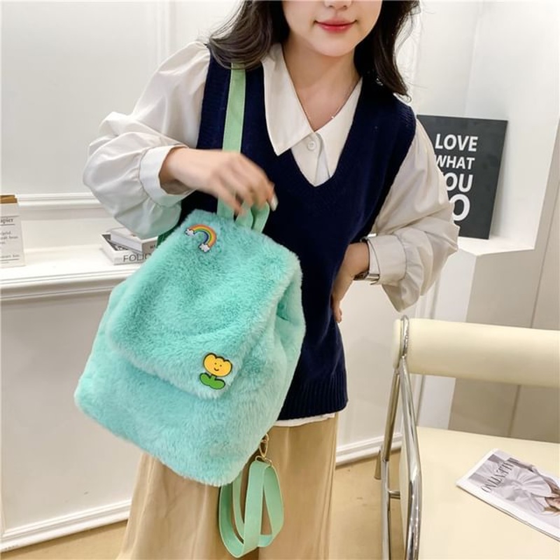Backpack Fluffy Flap|Black|Gray|Green|Pink|Purple|One Size