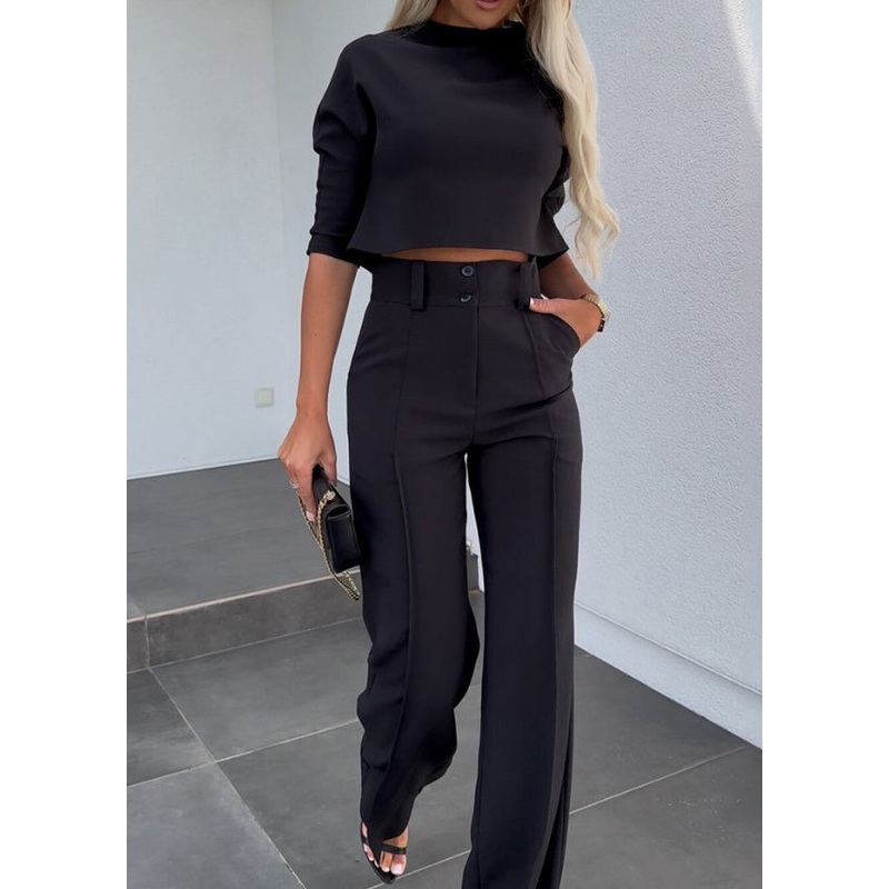 Black And Pants Leg Fall Wide Set Pieces Two Modern Solid Top
