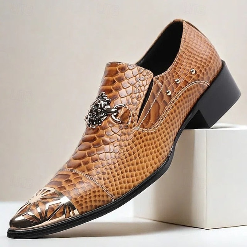 Brown with Leather Snake Pattern Slip-On Men’s Metal Shoes