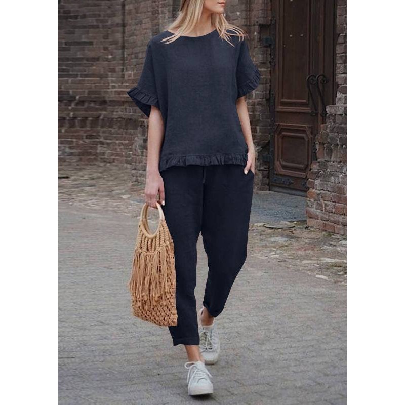 Casual And Patchwork Pants Crop Ruffled Two Top Solid Black