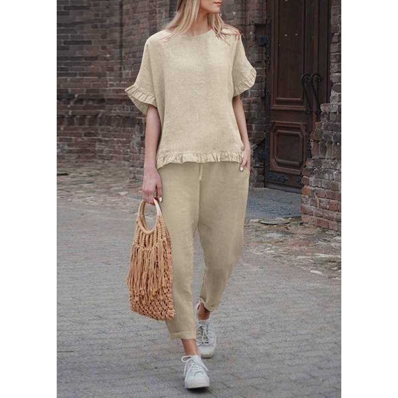 Crop Top Set Casual Khaki And Ruffled Pieces Two Pants Patchwork