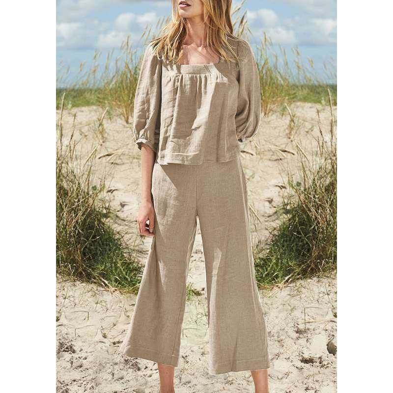 Khaki Top Two And Square Half Pieces Set Style Crop Pants Collar
