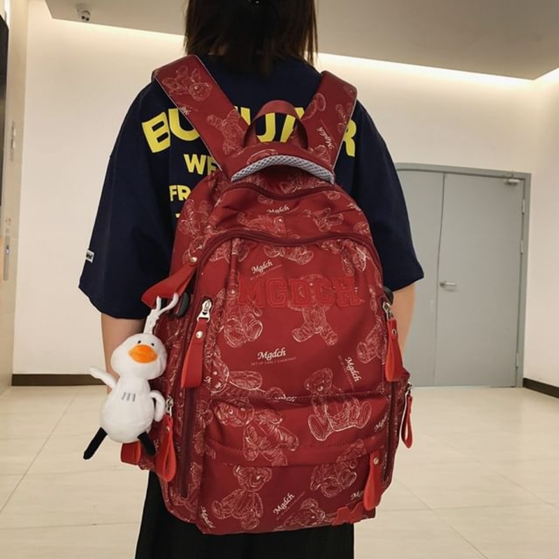 Laptop Lettering Applique Charm Print Bear Set Tote Bag Backpack / Nylon