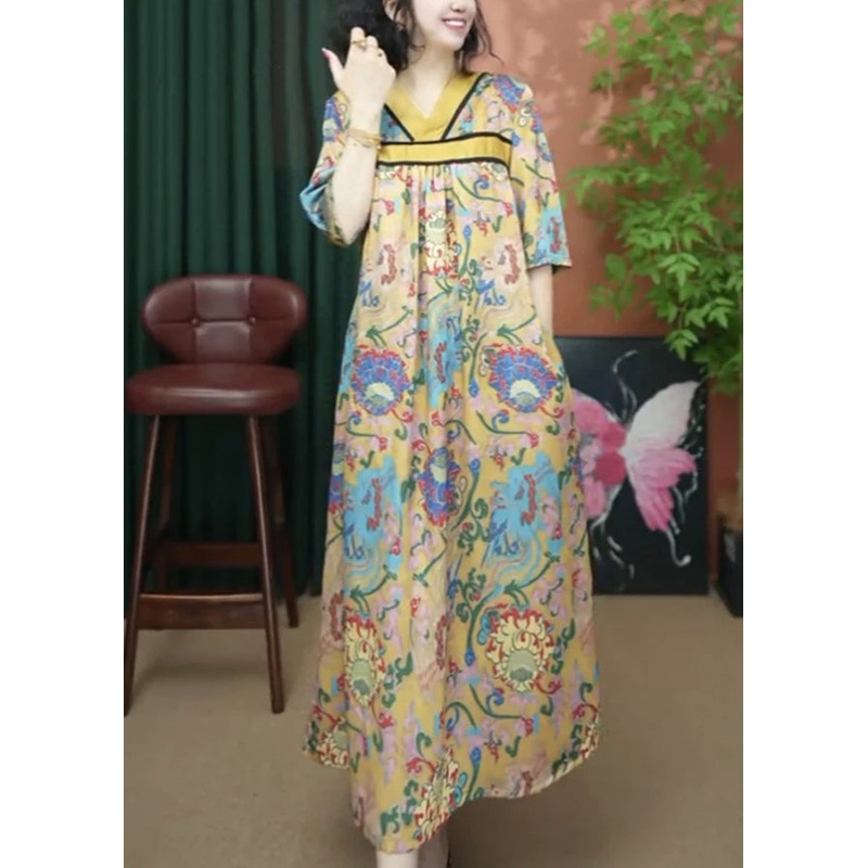 Summer Cotton V Neck Yellow Loose Dresses Print Long