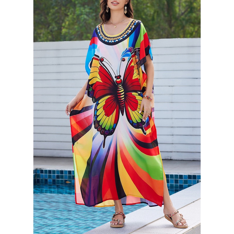 Summer Maxi Open Dress Side Fashion Print Butterfly Rainbow