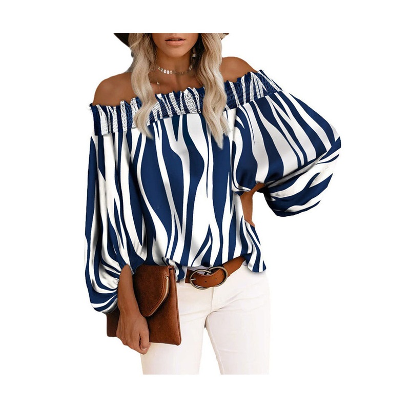 Tops Loose Shirt Sleeve Neck Lantern Cotton Slash Blue Striped