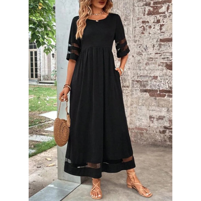 Tulle O-Neck Patchwork Summer Dress Long Black Bohemian