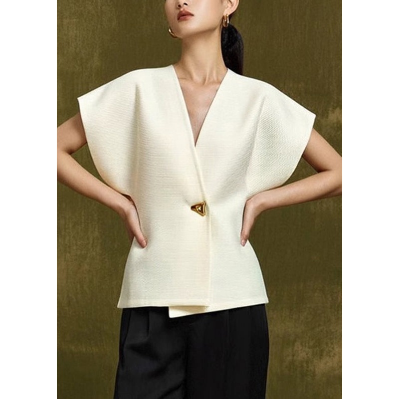 White Neck Top V Elegant Button Summer