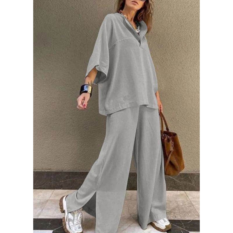 Wide Grey Shirts And T Set Two Side Pieces Pants Leg Open