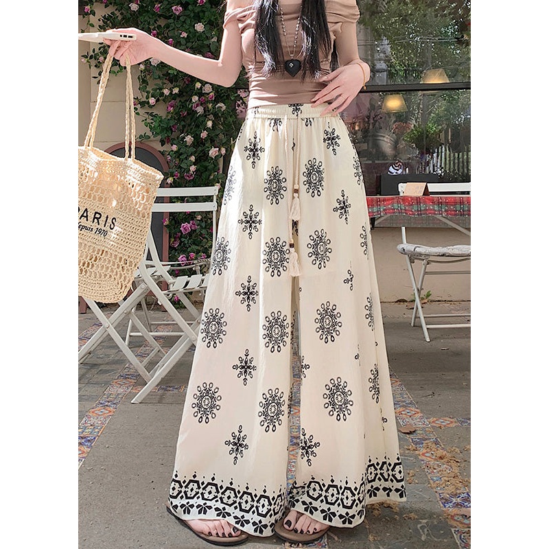 Wide Summer Elastic Apricot Waist Pants Boho Leg Cotton Print
