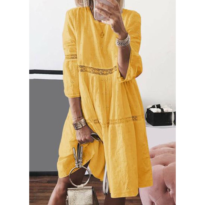 Yellow Hollow Out Long Bracelet Dresses O-Neck Boho Sleeve