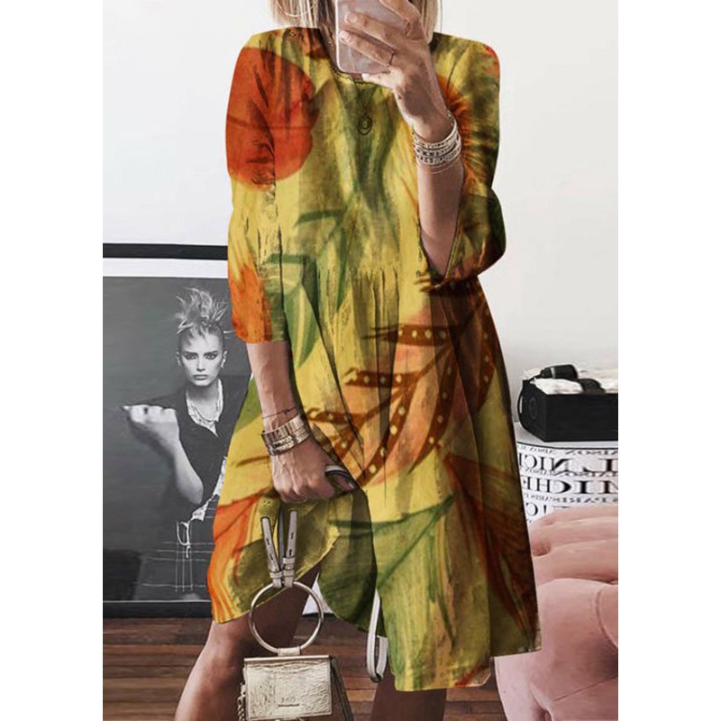 Yellow Women Cotton Mid Print Dress O Summer Neck