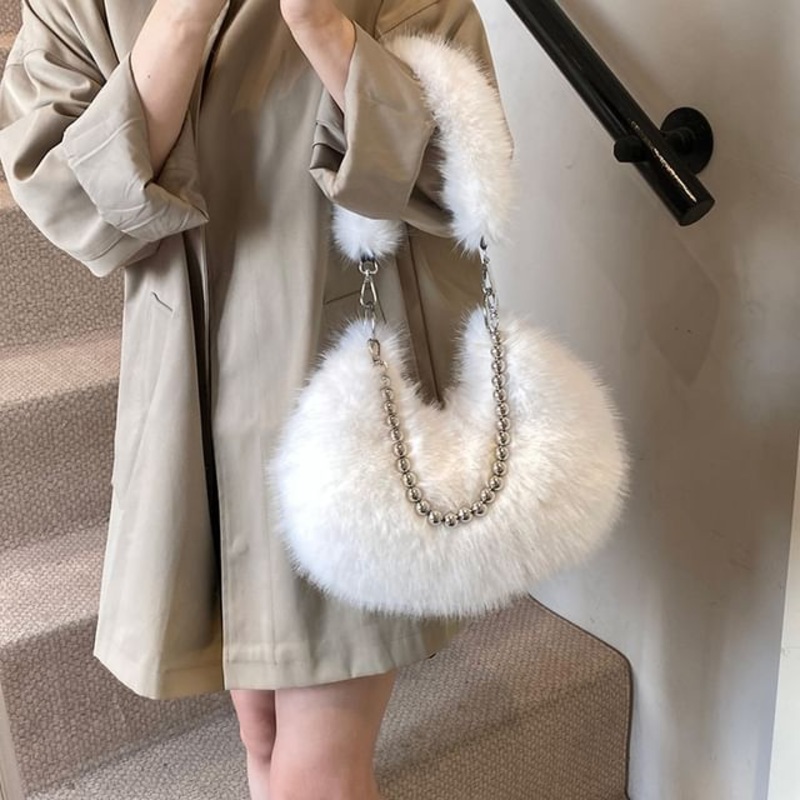Bag Shoulder Beaded Fluffy|Black|Brown|Khaki|White|One Size