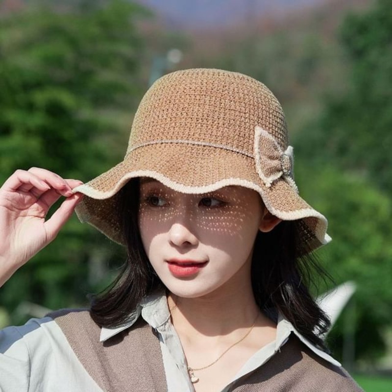 Bucket Bow Ruffle Hat|Black|Brown Red|Coffee|Curcumin|Gray|Off-White|Pink|One Size