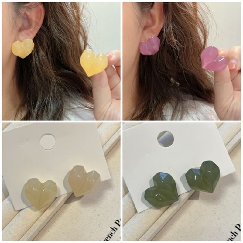 Earring Heart Resin Stud|1 Pair – Beige|1 Pair – Green|1 Pair – Purple|1 Pair – Yellow|One Size