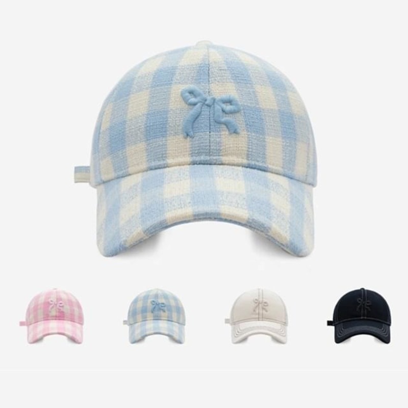 Embroidered Bow Baseball Cap|N102 – Gingham – Pink|N102 – Gingham – Sky Blue|N102 – Plain – Black|N102 – Plain – Off-White|One Size